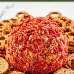French onion cheese ball with pretzels and crackers around it.