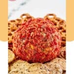 French onion cheese ball on a platter with crackers and pretzels.