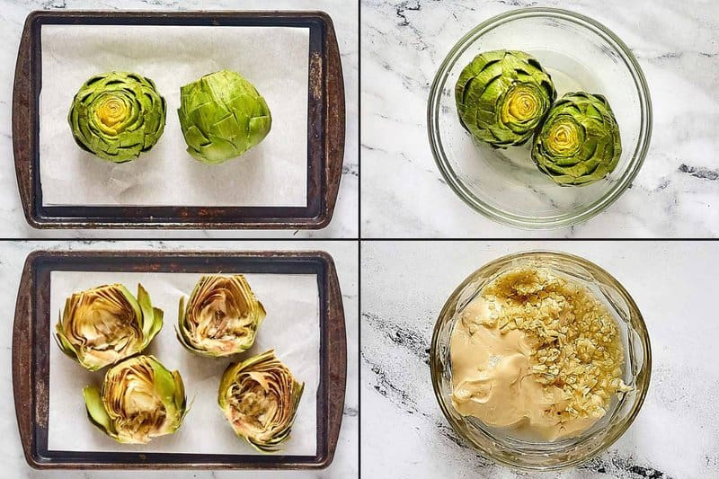 Collage of making grilled artichokes and garlic aioli.