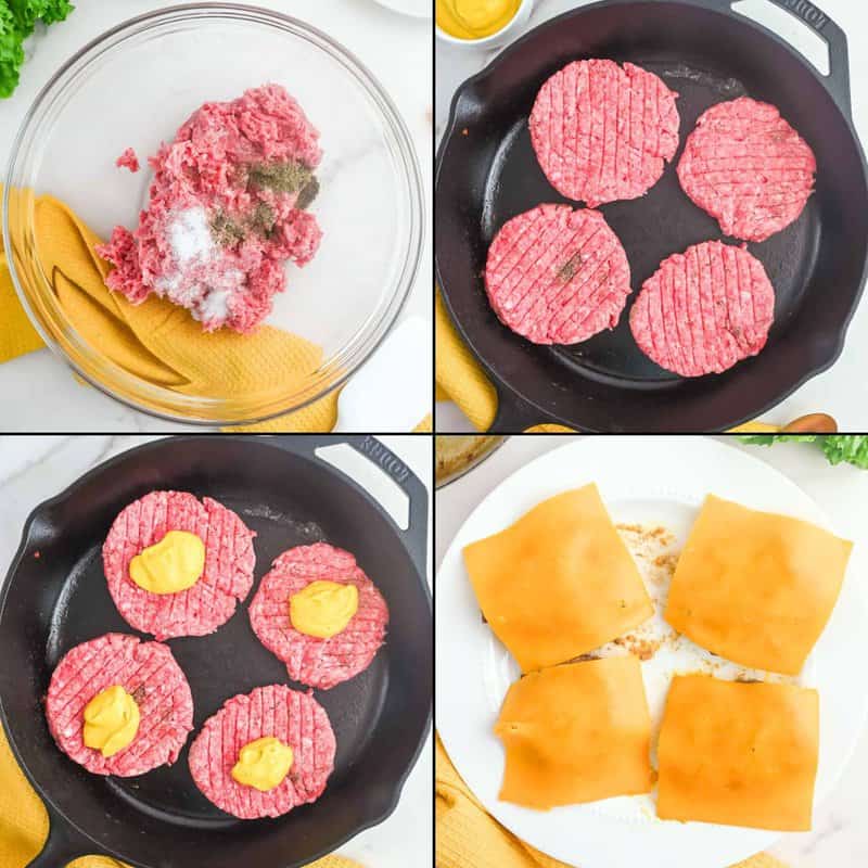 Collage of cooking burger patties for animal style burgers.