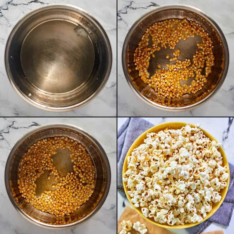 Collage of making instant pot popcorn.