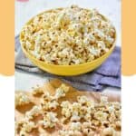 Instant pot popcorn in a bowl and scattered on parchment paper.