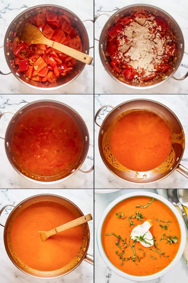 Collage of making copycat La Madeleine red pepper soup.