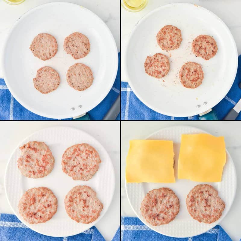 Cooking sausage patties and topping them with cheese.