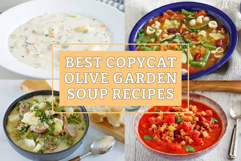 Collage of copycat Olive Garden soups in bowls.