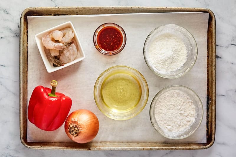 Copycat Panda Express chili crisp shrimp ingredients on a tray.