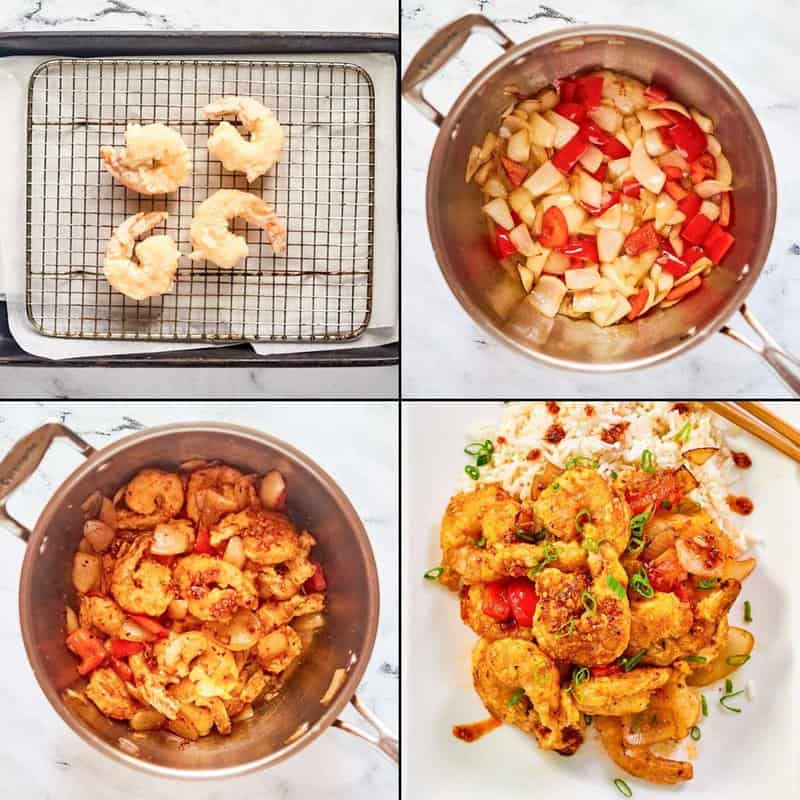 Collage of making copycat Panda Express chili crisp shrimp.