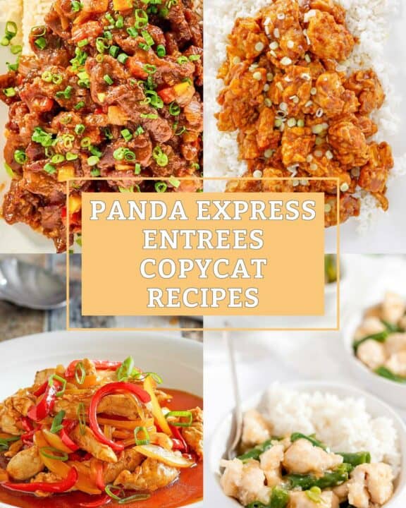 Copycat Panda express beijing beef, orange chicken, firecracker chicken, and string bean chicken.