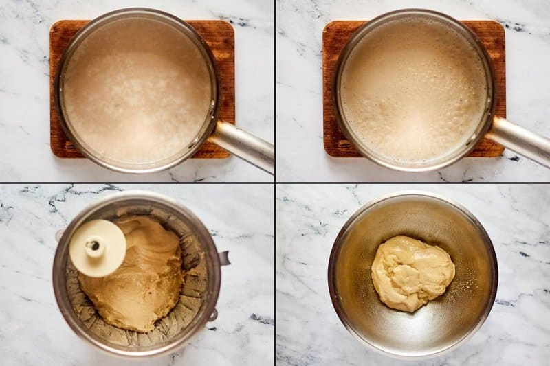 Collage of making dough for copycat Panera cinnamon rolls.