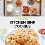 Copycat Panera kitchen sink cookies ingredients and the cookies on a plate.