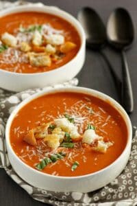 Two bowls of copycat Panera tomato soup.