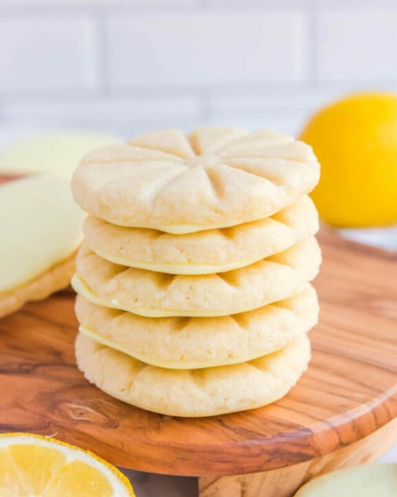 A stack of copycat Girl Scout Lemonades cookies.