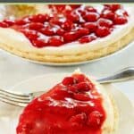 A slice of homemade cherry cream cheese pie on a plate in front of the pie.