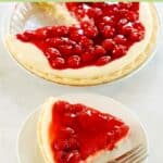 Homemade cherry cream cheese pie and a slice on a plate.