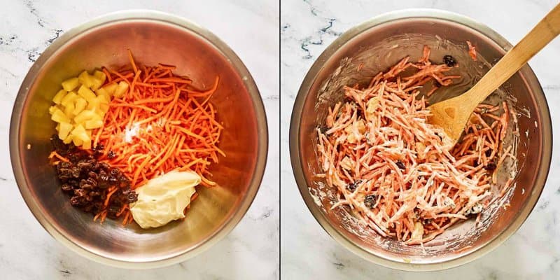 Collage of making copycat Chick Fil A carrot raisin salad.