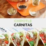 Copycat Chipotle carnitas ingredients and the finished carnitas in tacos.