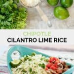 Copycat Chipotle cilantro lime rice ingredients and the finished dish.
