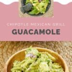 Copycat Chipotle guacamole in a mortar and pestle and wood bowl.