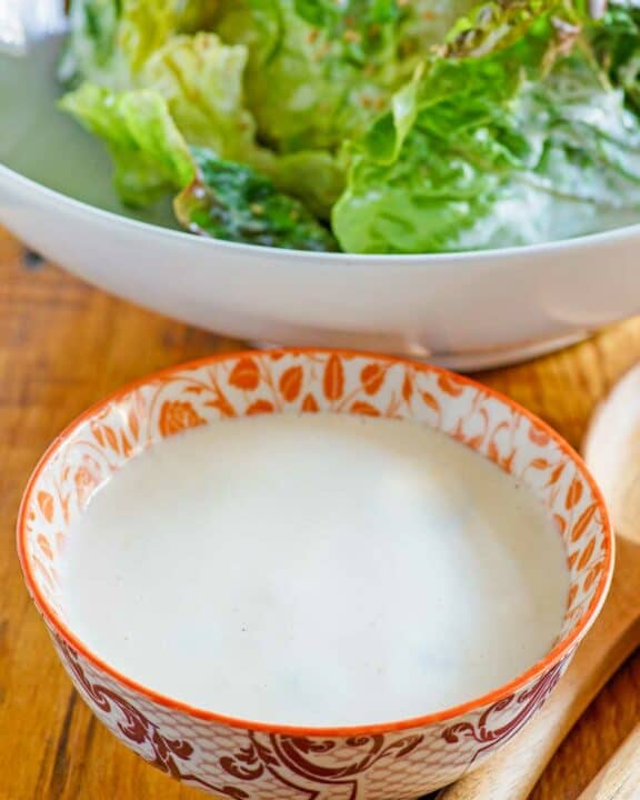 Homemade creamy Japanese miso salad dressing in a small bowl.