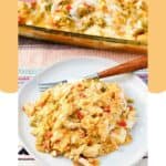 King ranch chicken casserole in a baking dish and a serving on a plate.