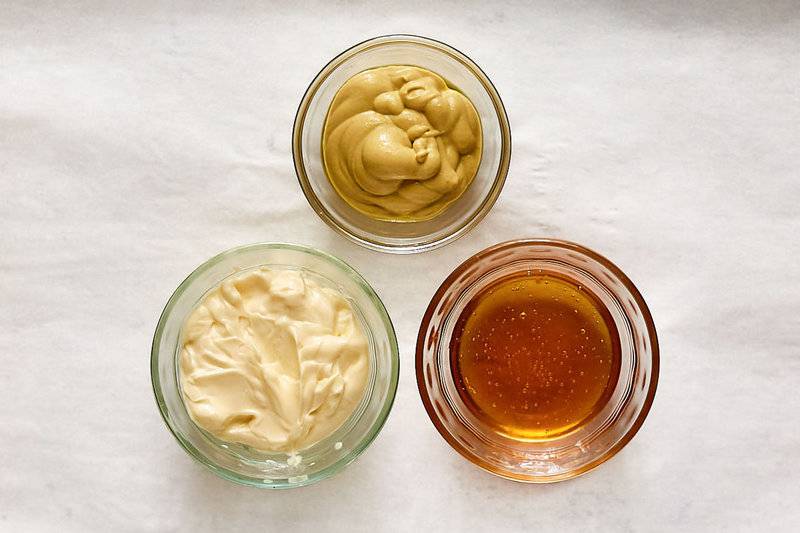 Copycat Outback honey mustard dressing ingredients in bowls.