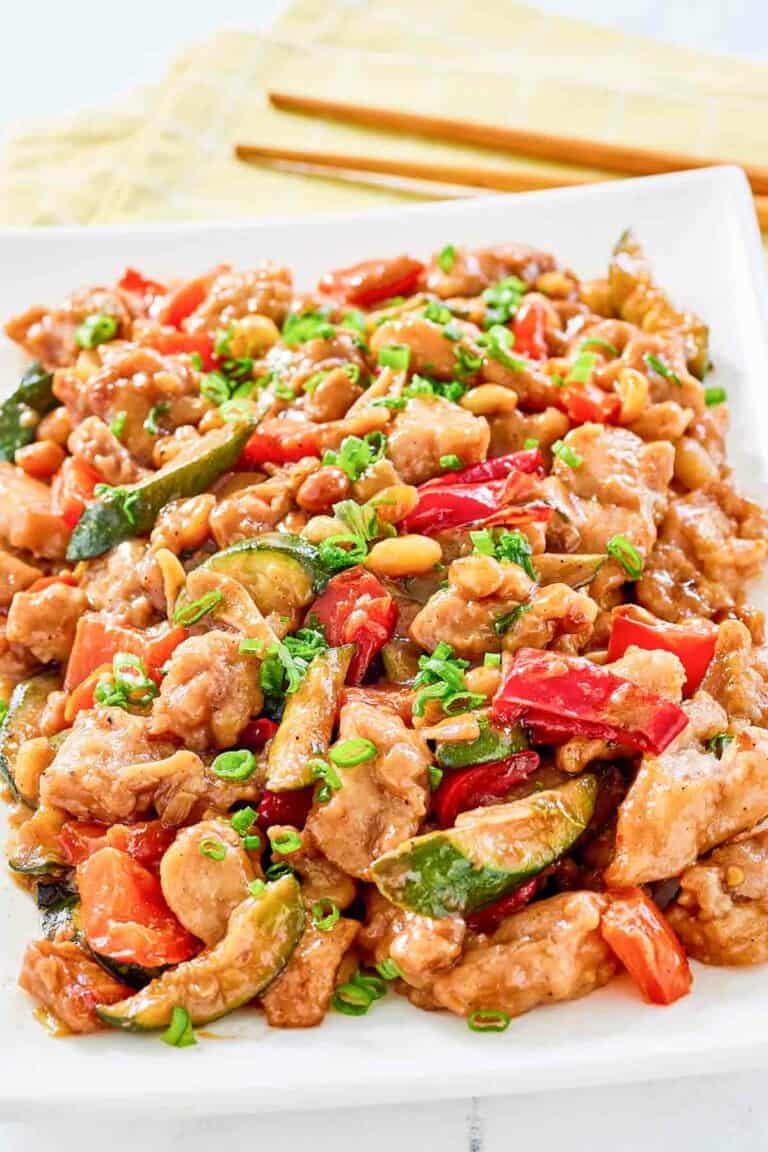 Copycat Panda Express kung pao chicken on a plate.