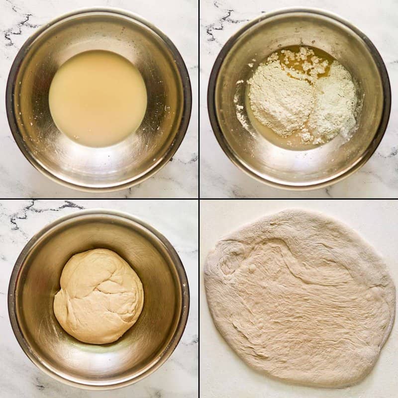 Collage of making dough for copycat Red Lobster lobster pizza.