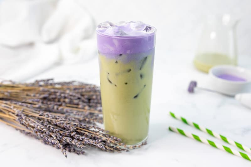 Copycat Starbucks iced lavender cream oatmilk matcha and fresh lavender.