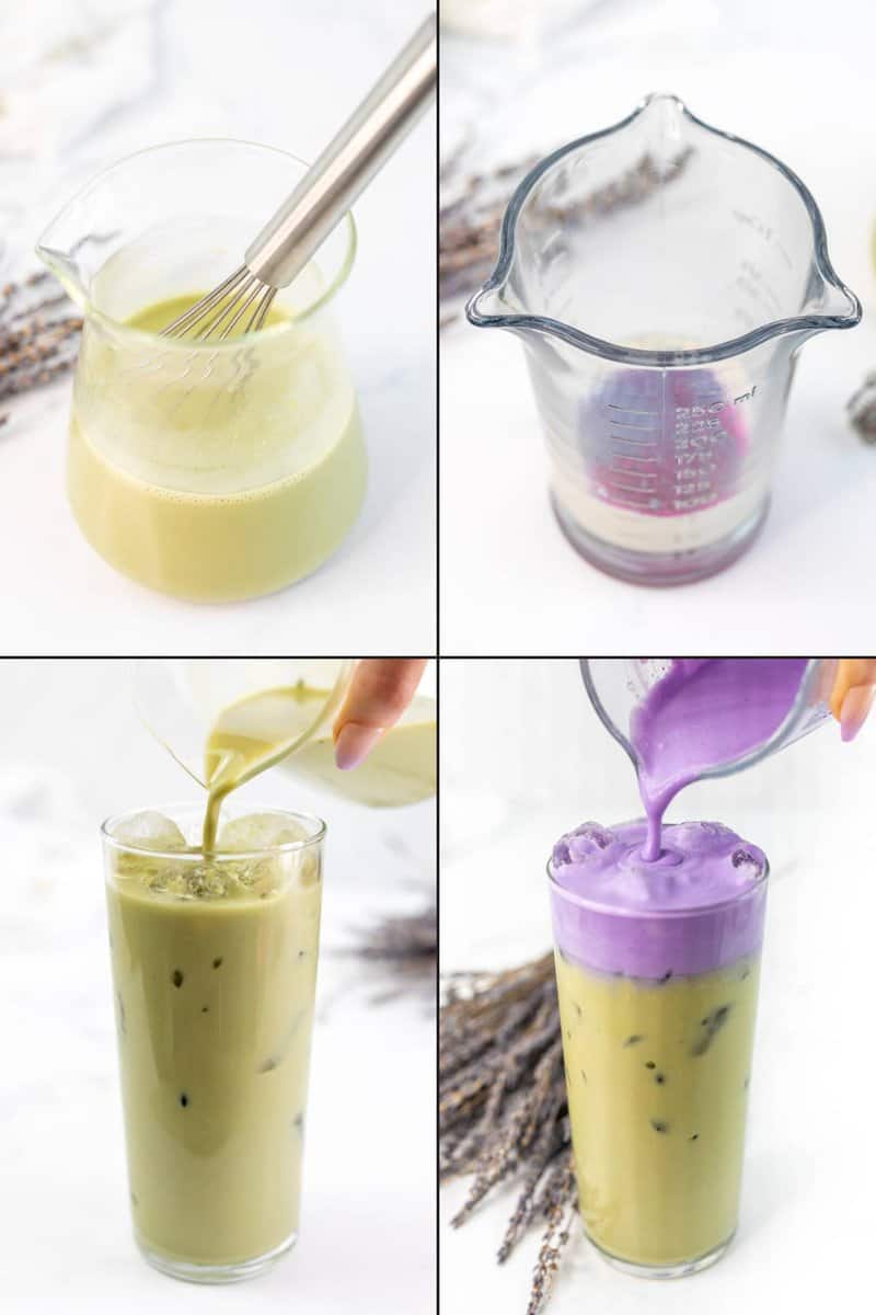 Collage of making copycat Starbucks iced lavender pick  oatmilk matcha.