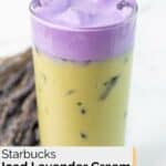 Homemade Starbucks iced lavender cream oatmilk matcha in a tall glass.