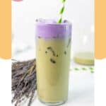 Homemade Starbucks iced lavender cream oatmilk matcha tea drink in a tall glass.