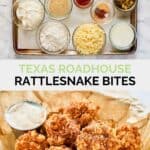 Copycat Texas Roadhouse rattlesnake bites ingredients and the finished dish.