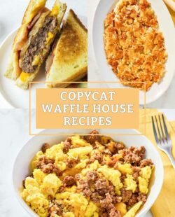 Copycat Waffle House Texas patty melt, hash browns, and hashbrown bowl.