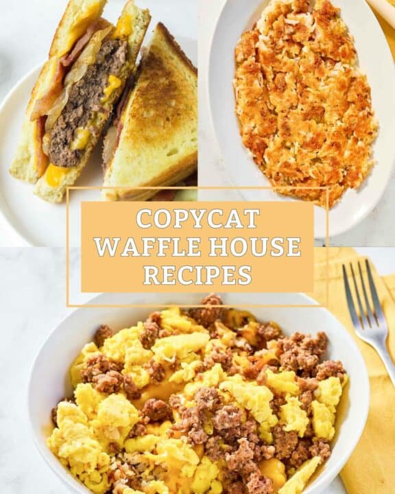 Copycat Waffle House Texas patty melt, hash browns, and hashbrown bowl.