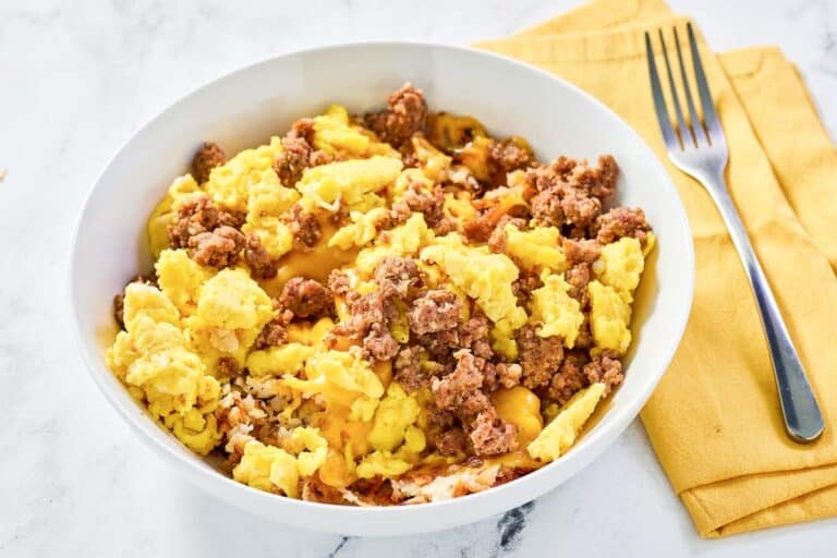 Waffle House Sausage, Egg, and Cheese Hashbrown Bowl