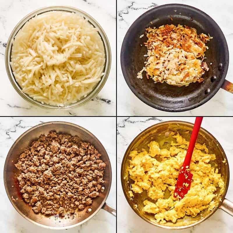 Collage of making components for copycat Waffle House sausage, egg, and cheese hashbrown bowl.