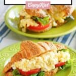 Two homemade chicken salad chick croissant egg salad sandwiches.
