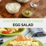 Copycat chicken salad chick egg salad ingredients and an egg salad sandwich.