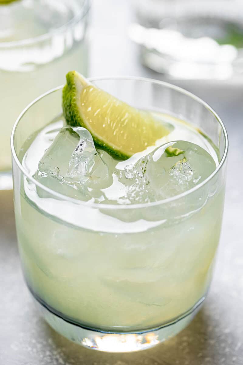 Copycat Chipotle margarita garnished with a lime wedge.