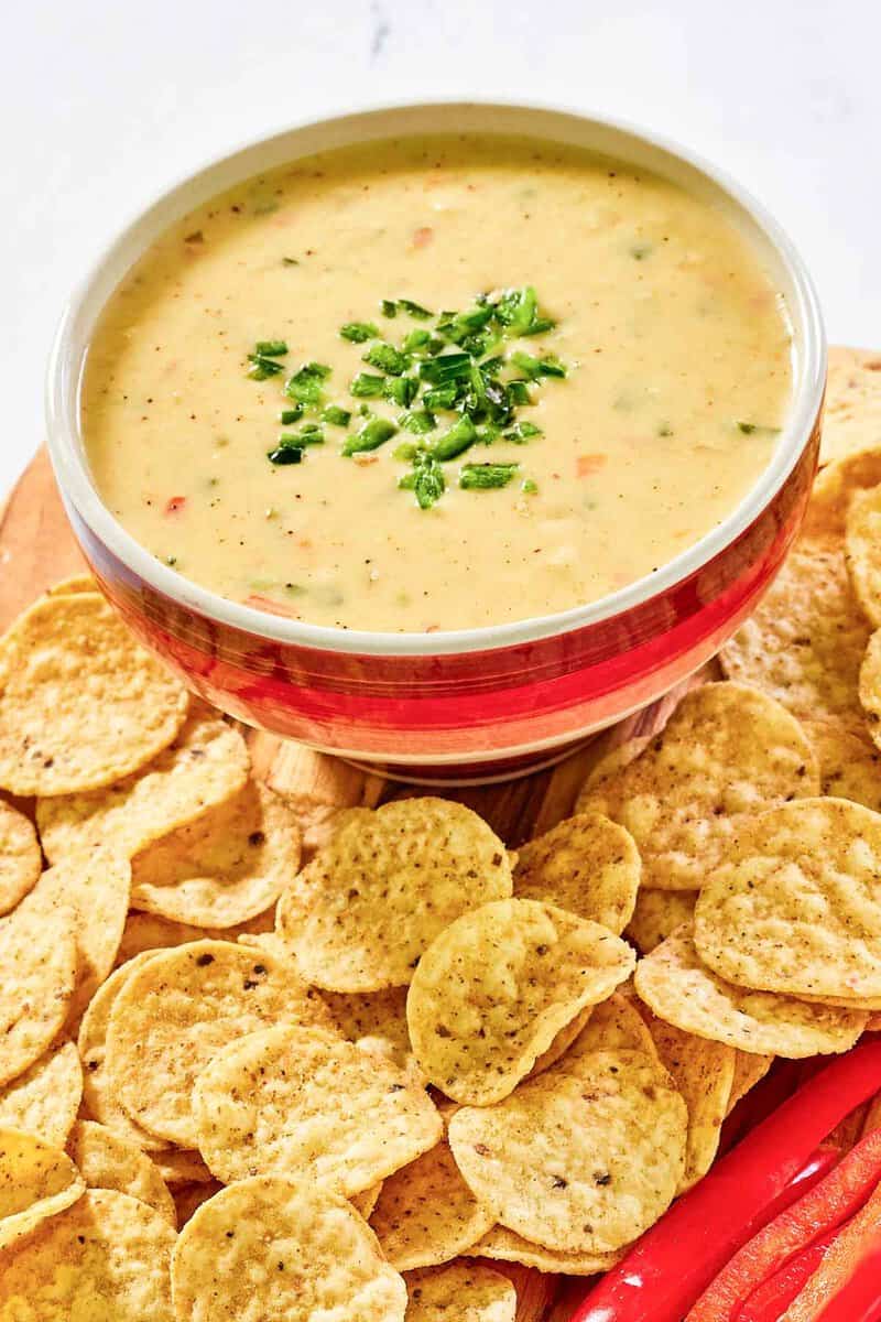 Copycat Chipotle queso blanco and tortilla chips.