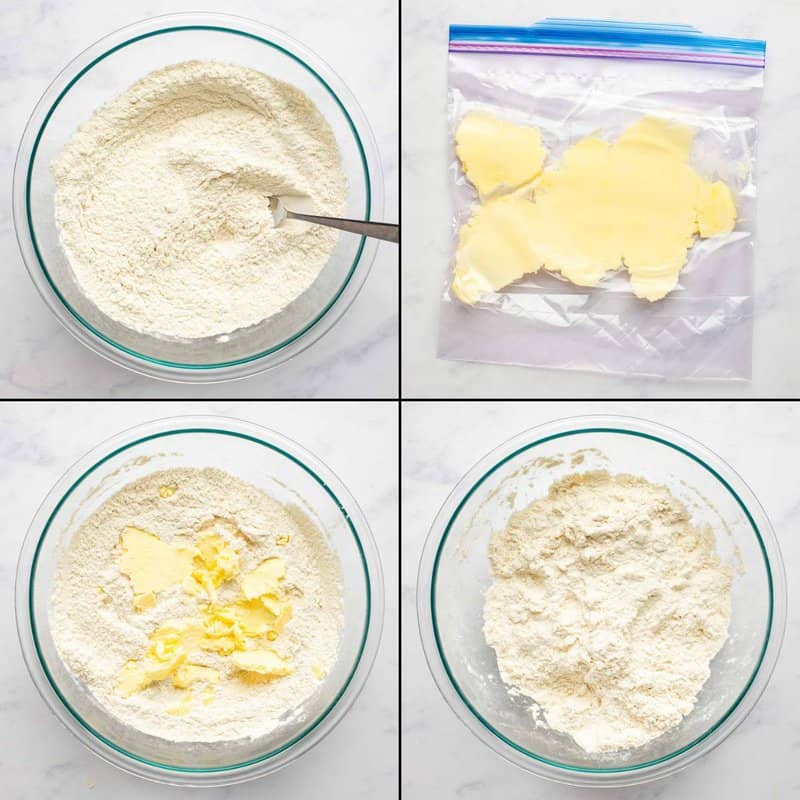 Collage of cutting butter into flour for biscuits.