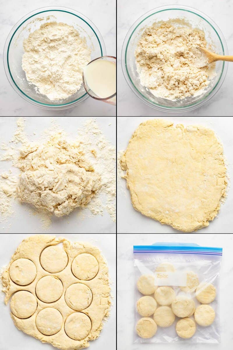 Collage of making dough, rolling, cutting, and freezing biscuits.