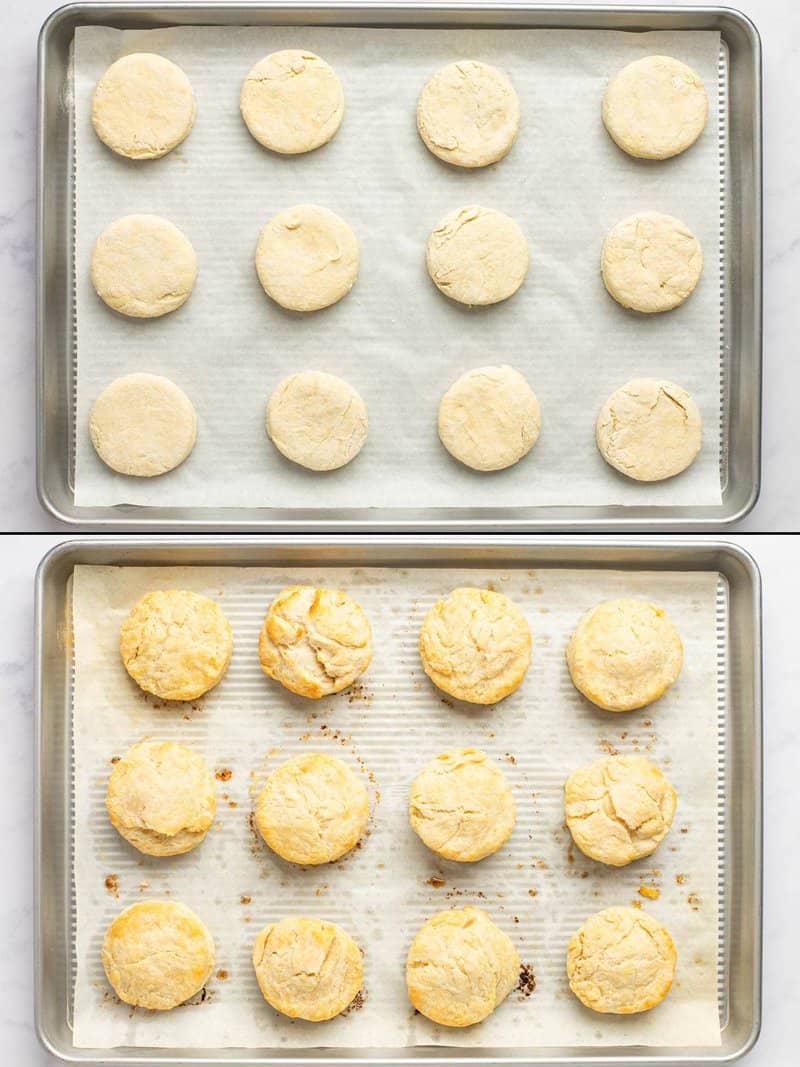 Homemade freezer biscuits before and after baking.