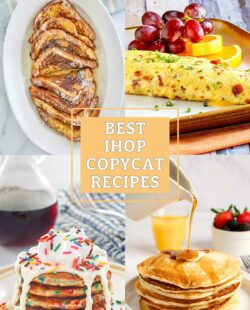 Copycat IHOP French toast, bacon omelette, cupcake pancakes, and buttermilk pancakes.