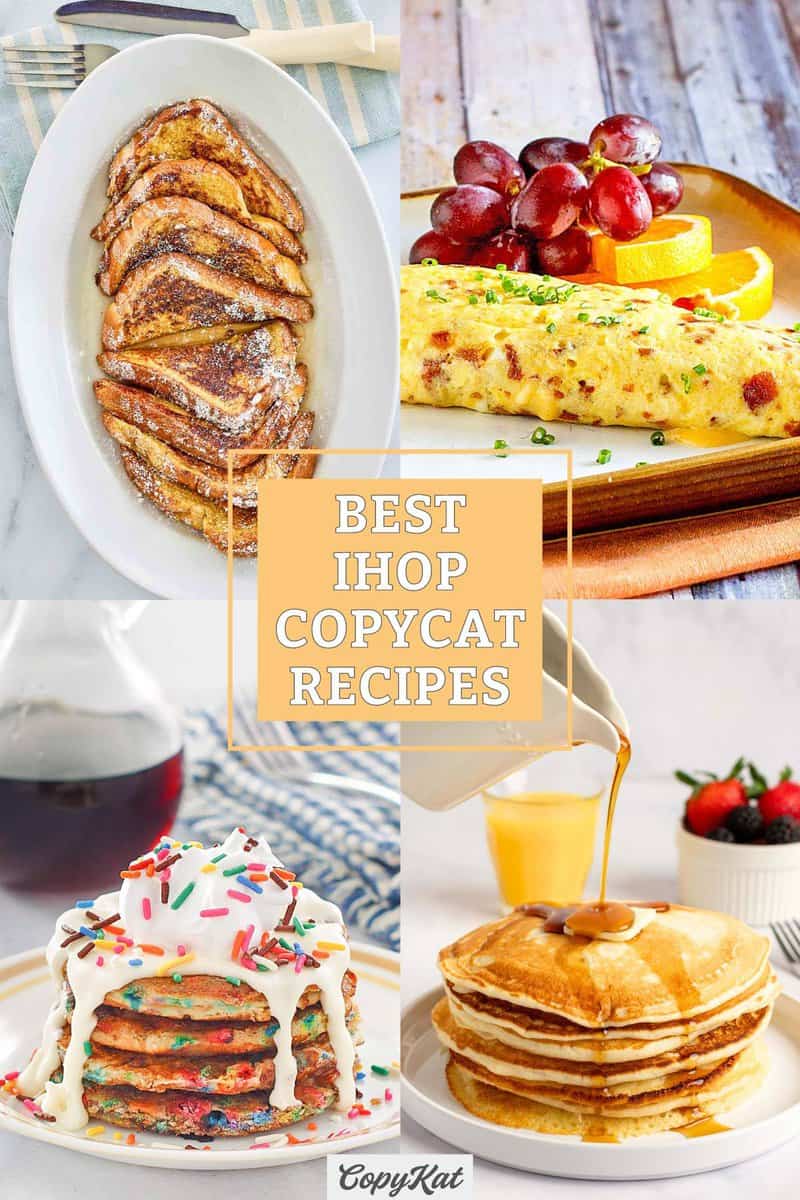 Copycat IHOP French toast, bacon omelette, cupcake pancakes, and buttermilk pancakes.