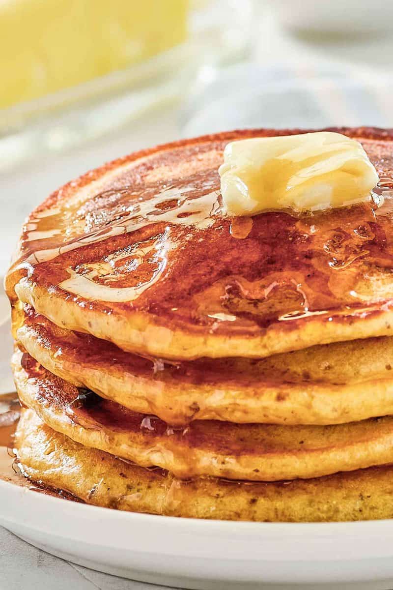 Copycat IHOP protein pancakes with butter and syrup.