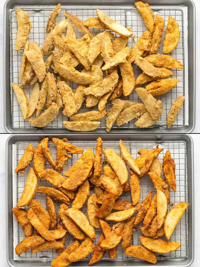 Copycat KFC potato wedges after being fried the first and second time.