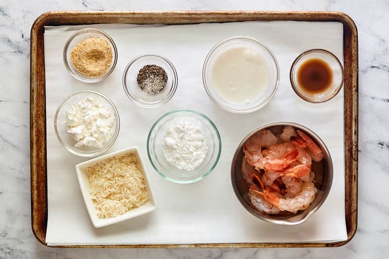 Copycat Red Lobster coconut shrimp ingredients on a tray.