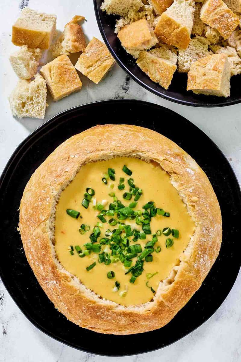 Copycat Red Lobster ultimate seafood fondue dip in a bread bowl.
