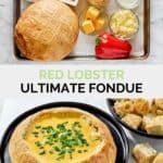 Copycat Red Lobster ultimate fondue ingredients and the finished dip in a bread bowl.